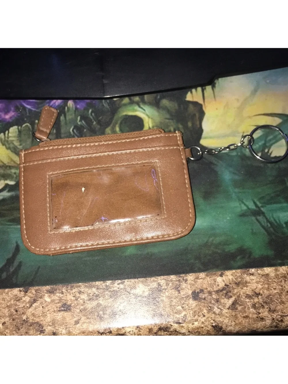 Brown Leather ID Keychain coin Wallet Card Holder
